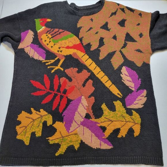 Vintage Pheasant Bird Fall Leaves Knit Sweater Black Crewneck - Picture 11 of 13
